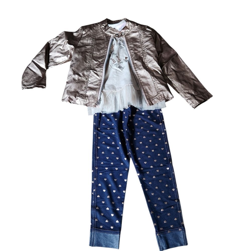 Little Lass 3-piece Metallic Heart Full of Love Jacket Shirt Pants Set Size 3T